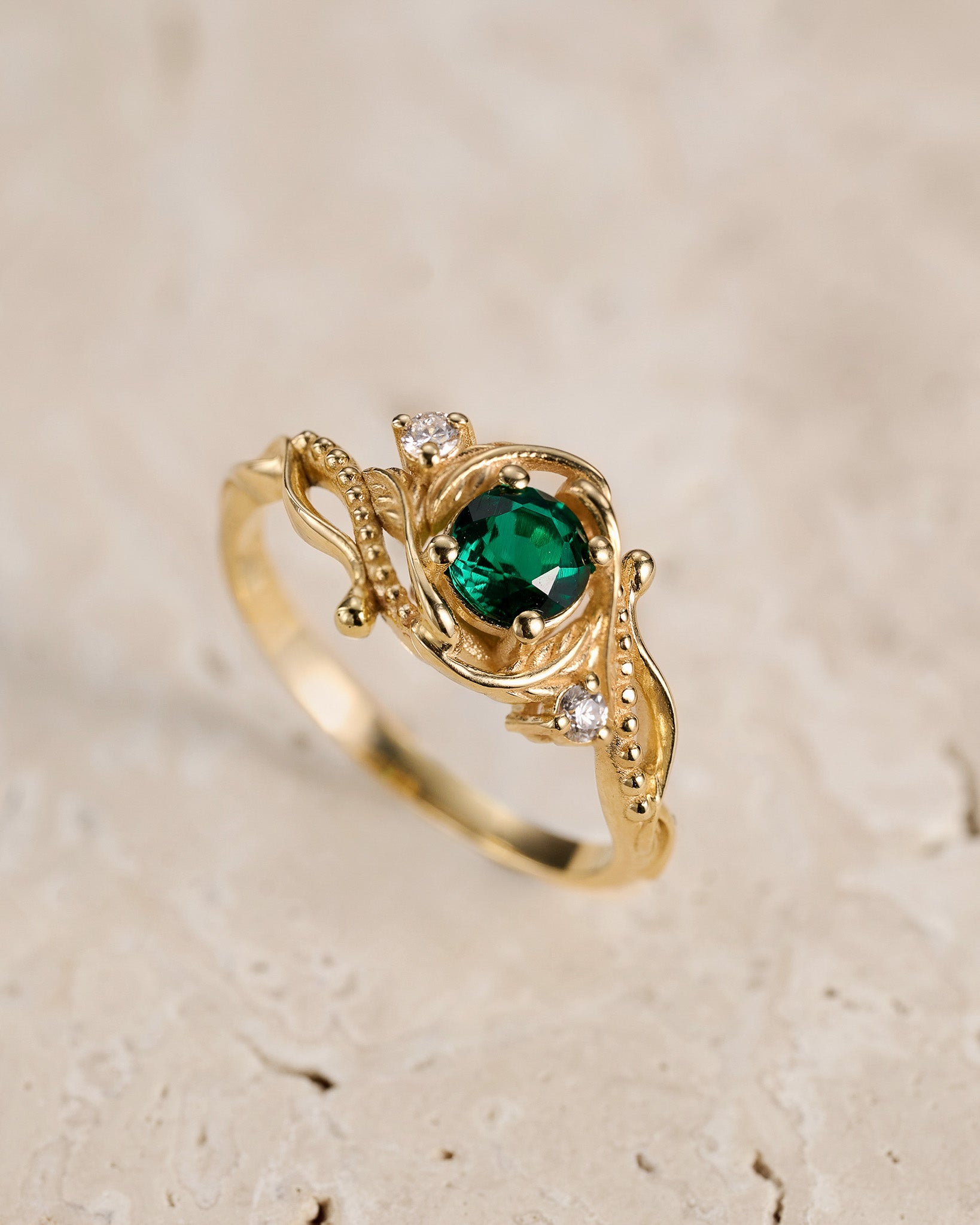 Lab emerald engagement ring, nature themed ring with accent diamonds  / Undina - Eden Garden Jewelry™
