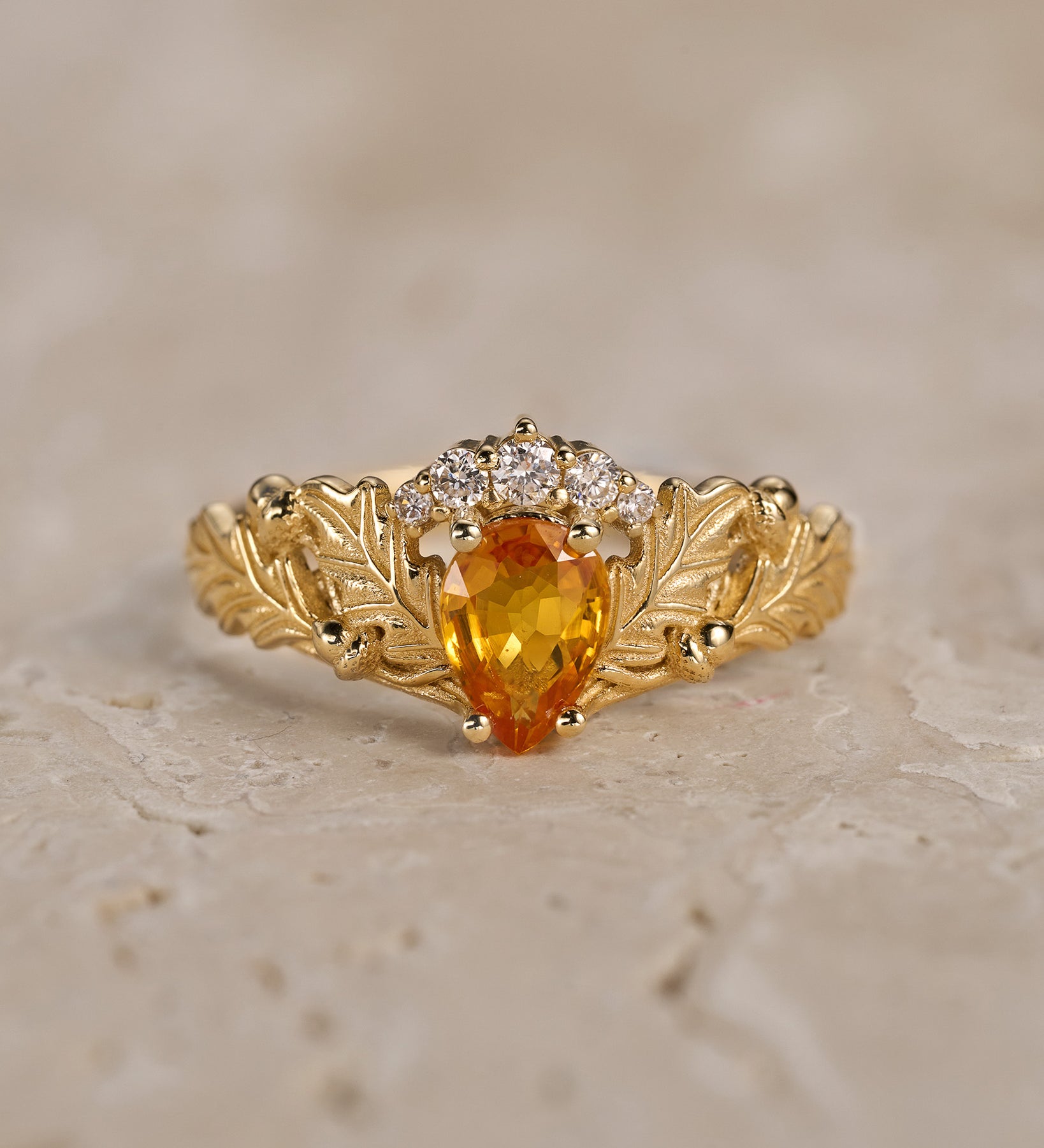 READY TO SHIP: Royal oak ring in 14K yellow gold, natural sapphire pear cut 7x5 mm, lab diamonds, AVAILABLE RING SIZES: 5.5 - 8.5 US - Eden Garden Jewelry™