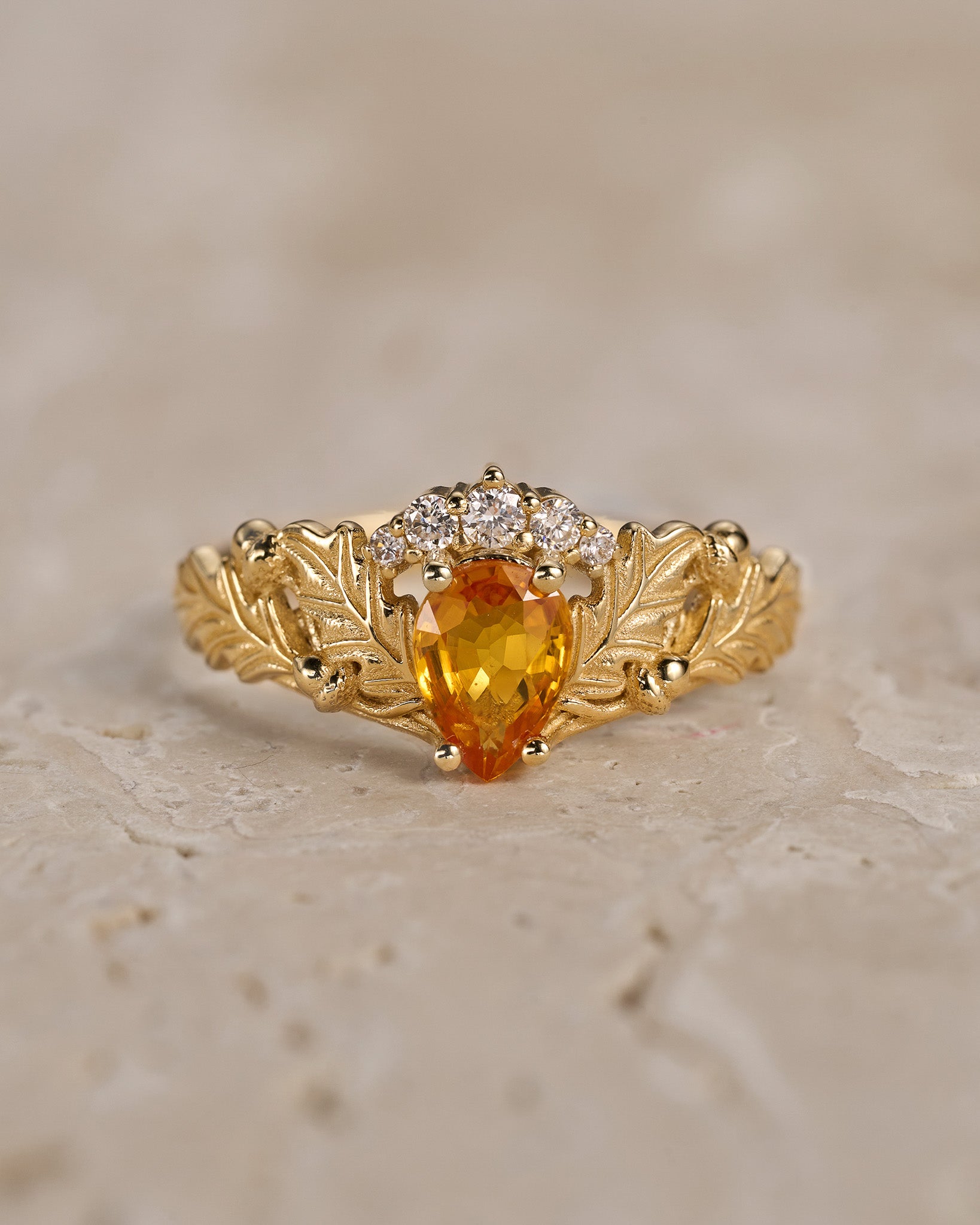 READY TO SHIP: Royal oak ring in 14K yellow gold, natural sapphire pear cut 7x5 mm, lab diamonds, AVAILABLE RING SIZES: 5.5 - 8.5 US - Eden Garden Jewelry™