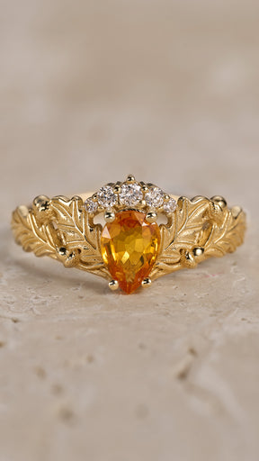 READY TO SHIP: Royal oak ring in 14K yellow gold, natural sapphire pear cut 7x5 mm, lab diamonds, AVAILABLE RING SIZES: 5.5 - 8.5 US - Eden Garden Jewelry™