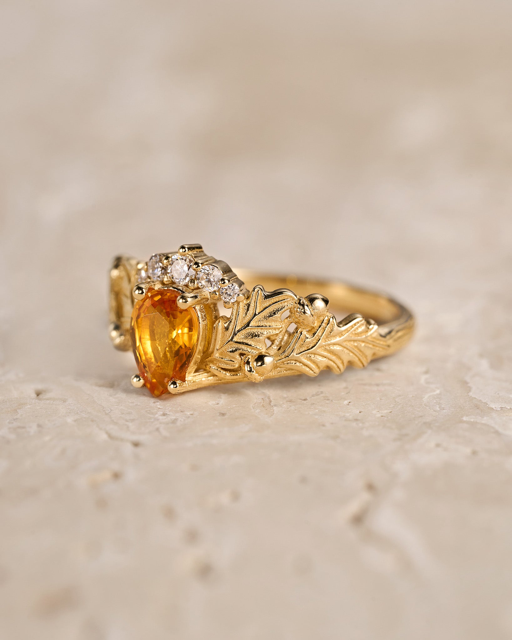 READY TO SHIP: Royal oak ring in 14K yellow gold, natural sapphire pear cut 7x5 mm, lab diamonds, AVAILABLE RING SIZES: 5.5 - 8.5 US - Eden Garden Jewelry™