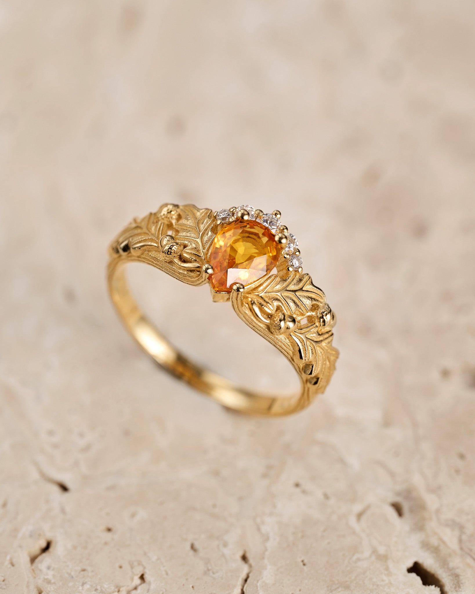 READY TO SHIP: Royal oak ring in 14K yellow gold, natural sapphire pear cut 7x5 mm, lab diamonds, AVAILABLE RING SIZES: 5.5 - 8.5 US - Eden Garden Jewelry™