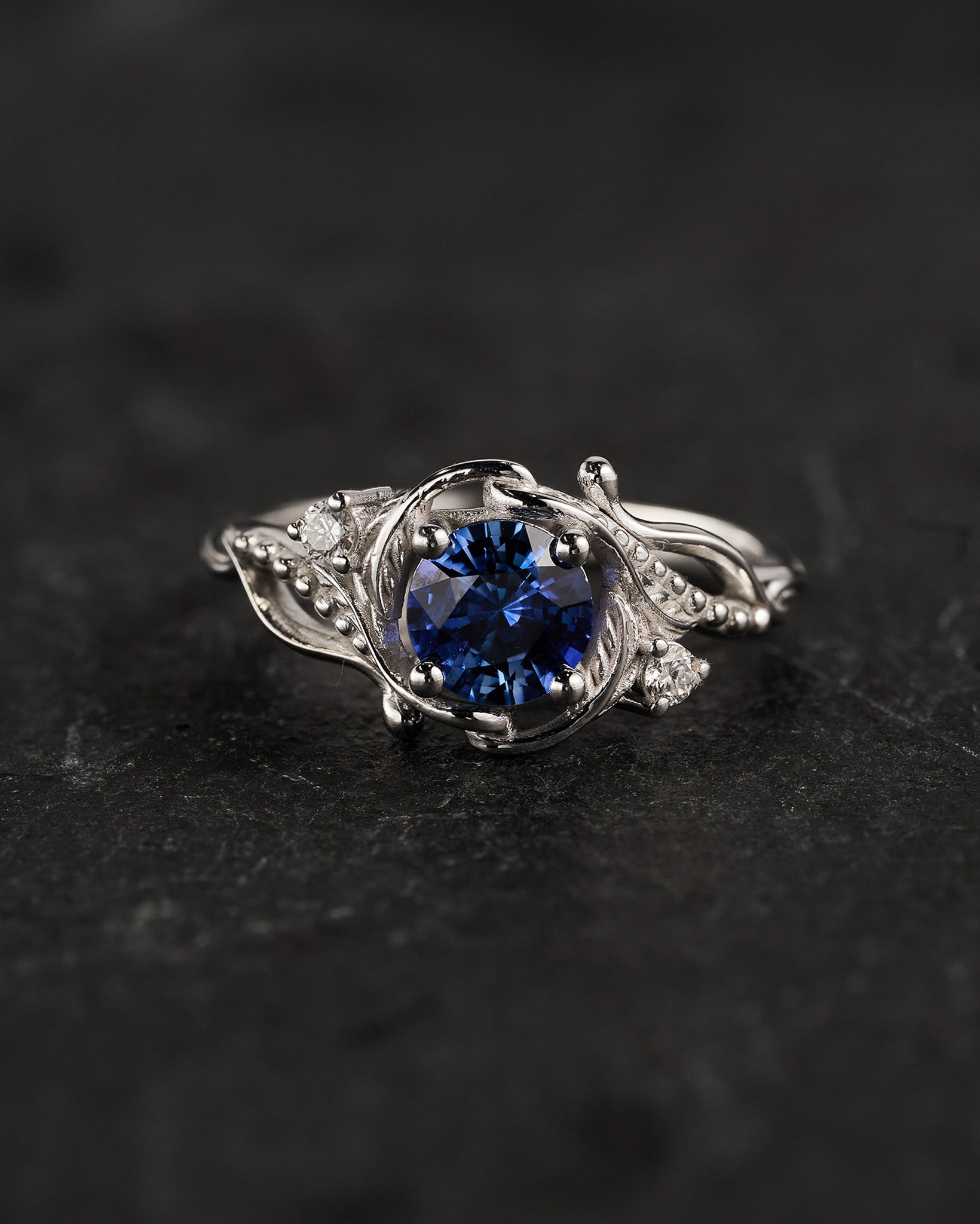 READY TO SHIP: Undina engagement ring with natural blue sapphire, 6mm, accent diamonds, 14k white gold, RING SIZE: 5.5 - 8.5 US - Eden Garden Jewelry™