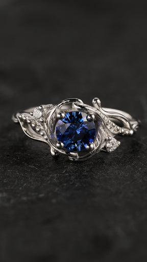 READY TO SHIP: Undina engagement ring with natural blue sapphire, 6mm, accent diamonds, 14k white gold, RING SIZE: 5.5 - 8.5 US - Eden Garden Jewelry™