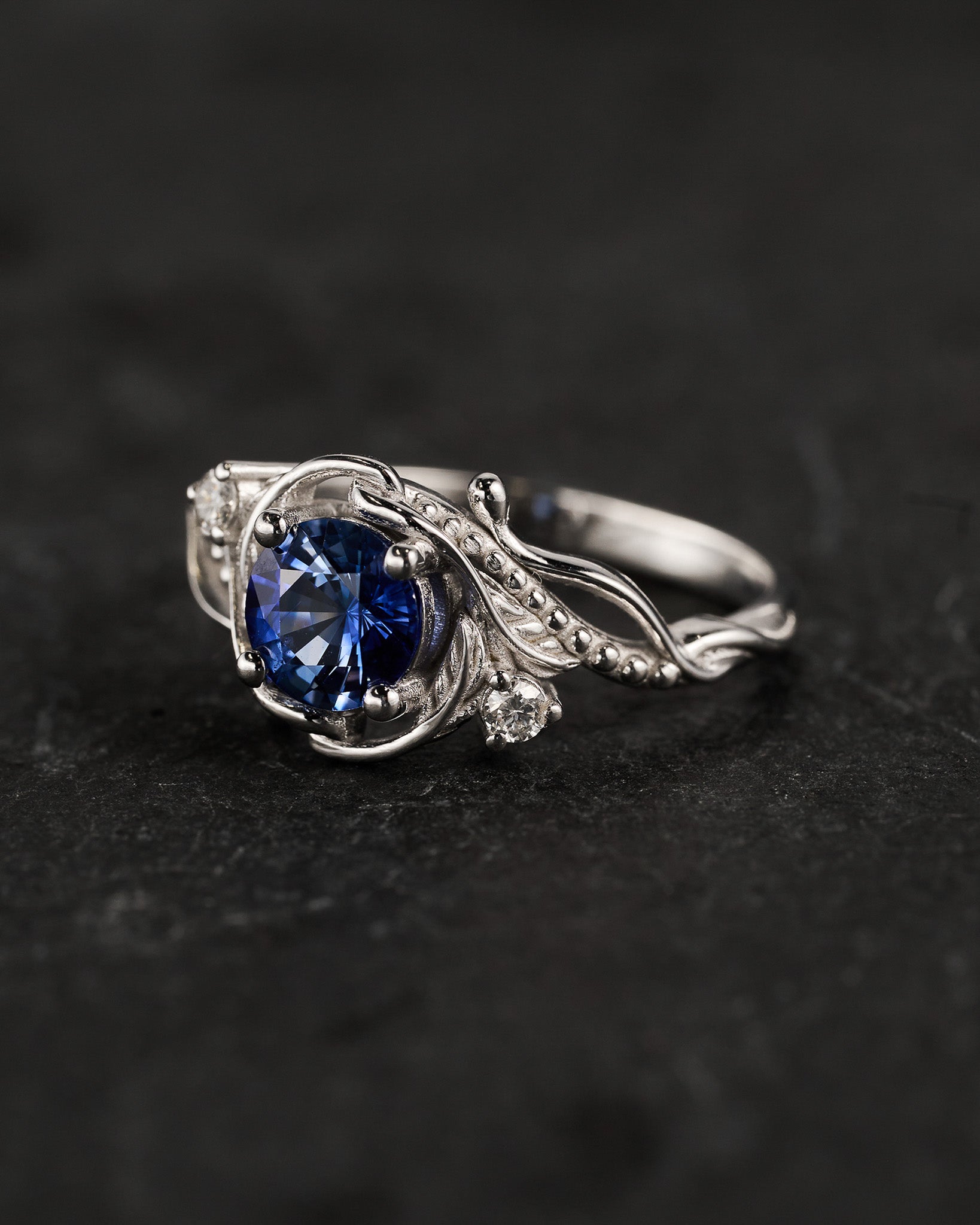 READY TO SHIP: Undina engagement ring with natural blue sapphire, 6mm, accent diamonds, 14k white gold, RING SIZE: 5.5 - 8.5 US - Eden Garden Jewelry™