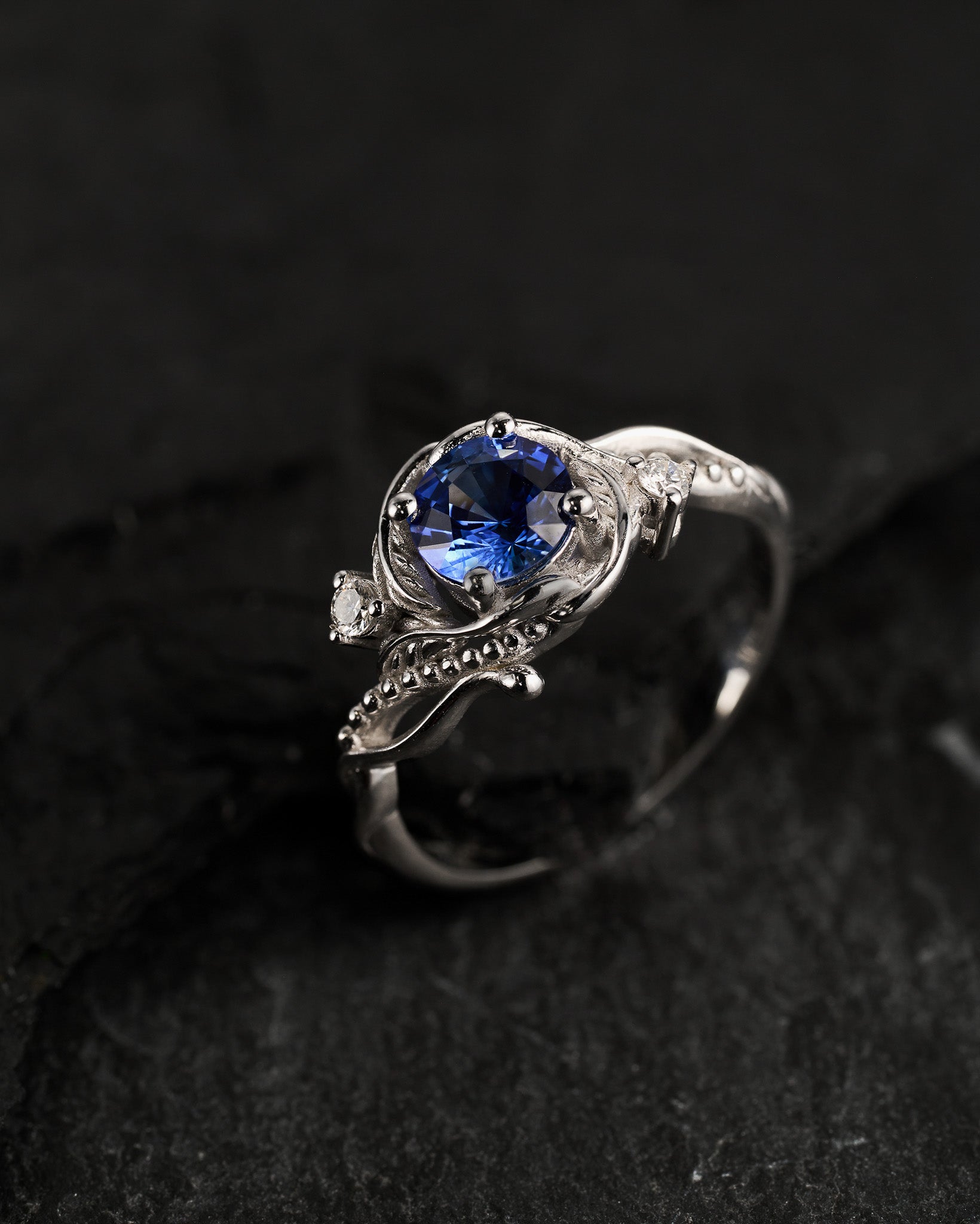 READY TO SHIP: Undina engagement ring with natural blue sapphire, 6mm, accent diamonds, 14k white gold, RING SIZE: 5.5 - 8.5 US - Eden Garden Jewelry™