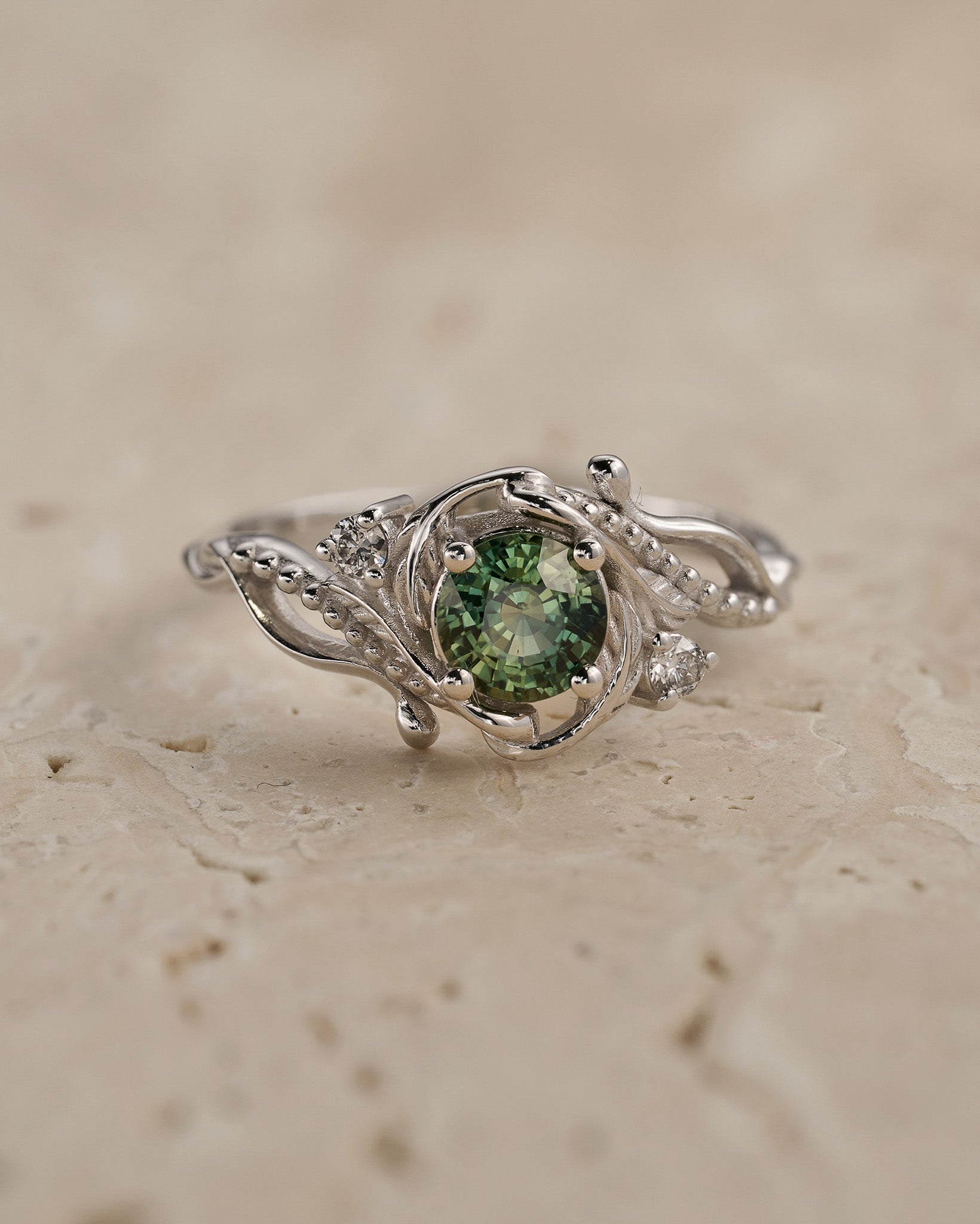 READY TO SHIP: Undina engagement ring with natural teal sapphire, 6mm, accent diamonds, 14k white gold, RING SIZE: 5.5 - 8.5 US - Eden Garden Jewelry™