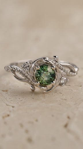 READY TO SHIP: Undina engagement ring with natural teal sapphire, 6mm, accent diamonds, 14k white gold, RING SIZE: 5.5 - 8.5 US - Eden Garden Jewelry™