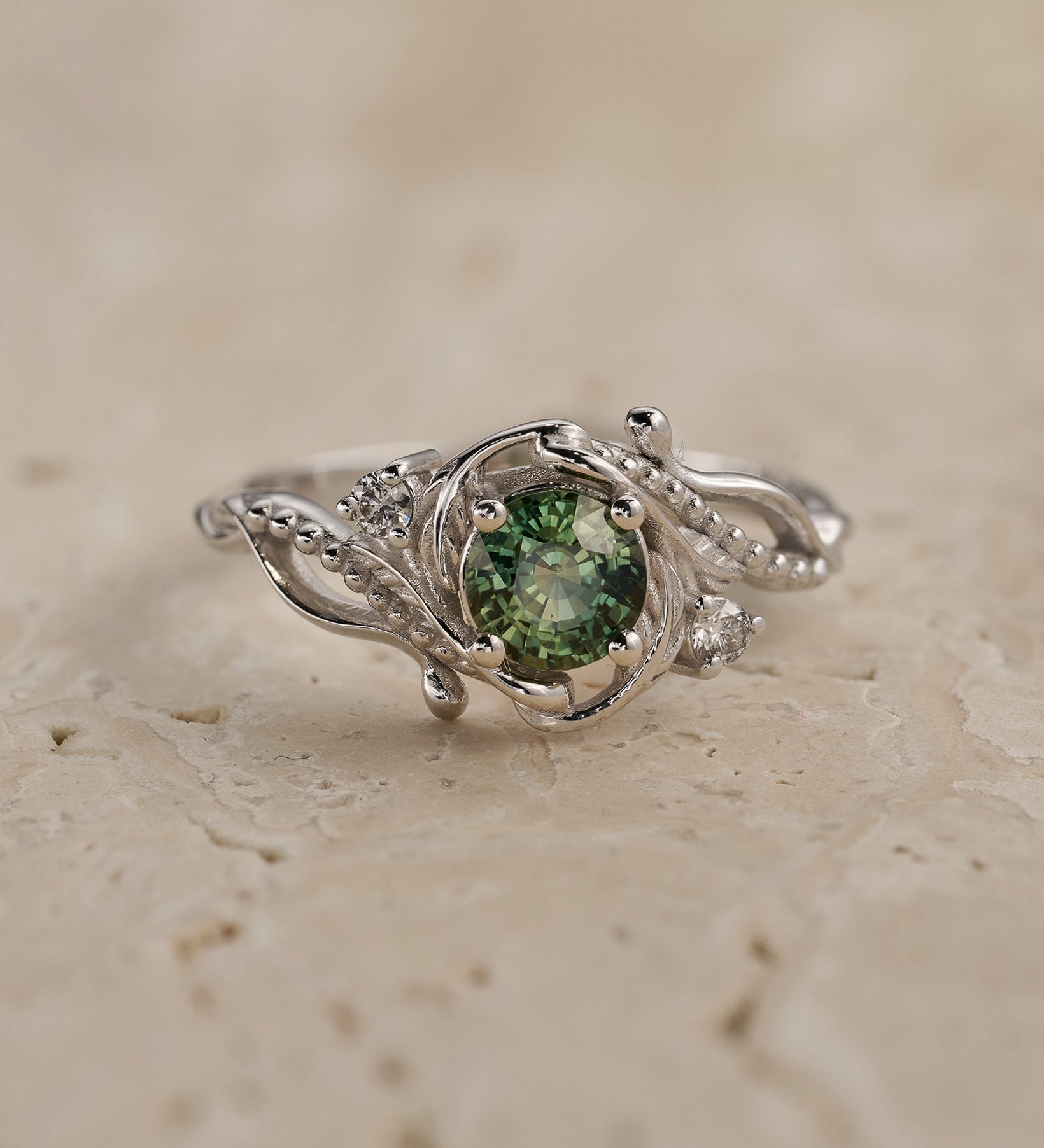 Teal Sapphire nature themed engagement ring, elvish white gold proposal ring / Undina - Eden Garden Jewelry™