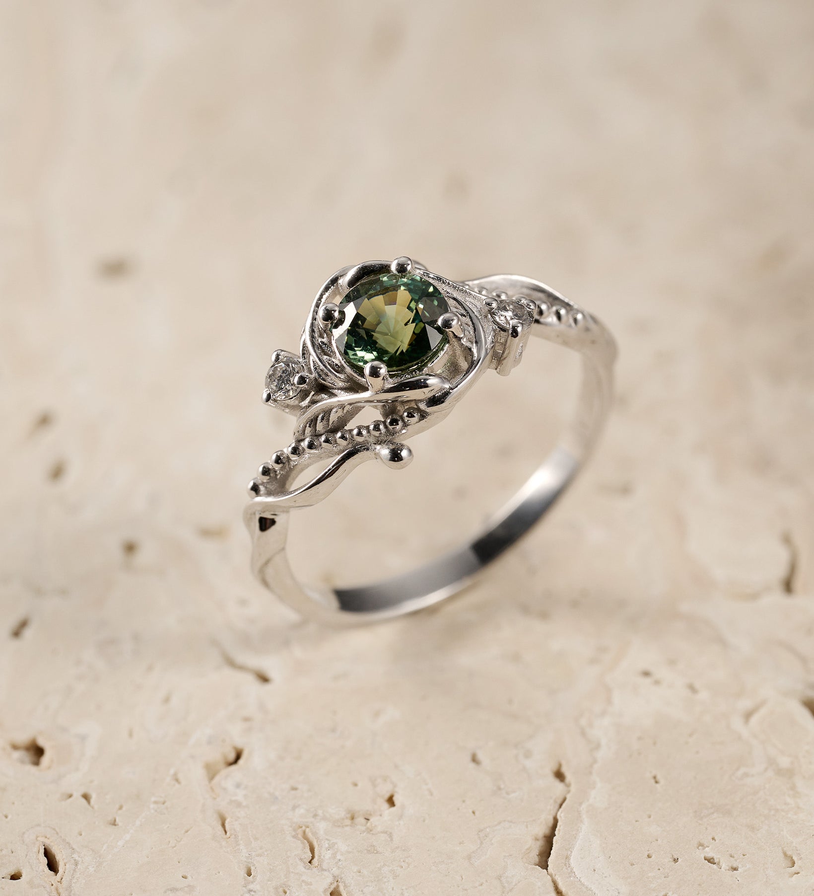 Teal Sapphire nature themed engagement ring, elvish white gold proposal ring / Undina - Eden Garden Jewelry™