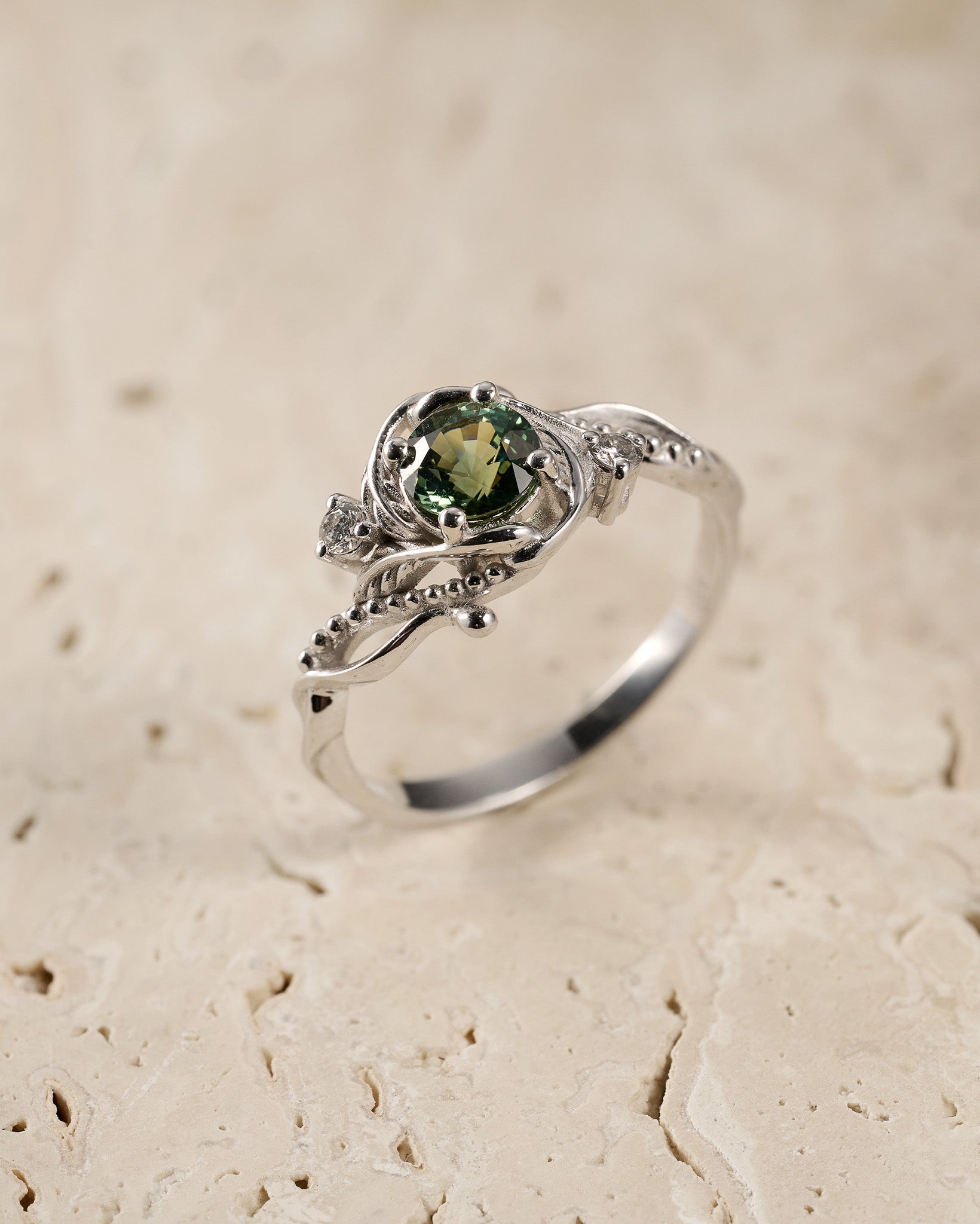 READY TO SHIP: Undina engagement ring with natural teal sapphire, 6mm, accent diamonds, 14k white gold, RING SIZE: 5.5 - 8.5 US - Eden Garden Jewelry™
