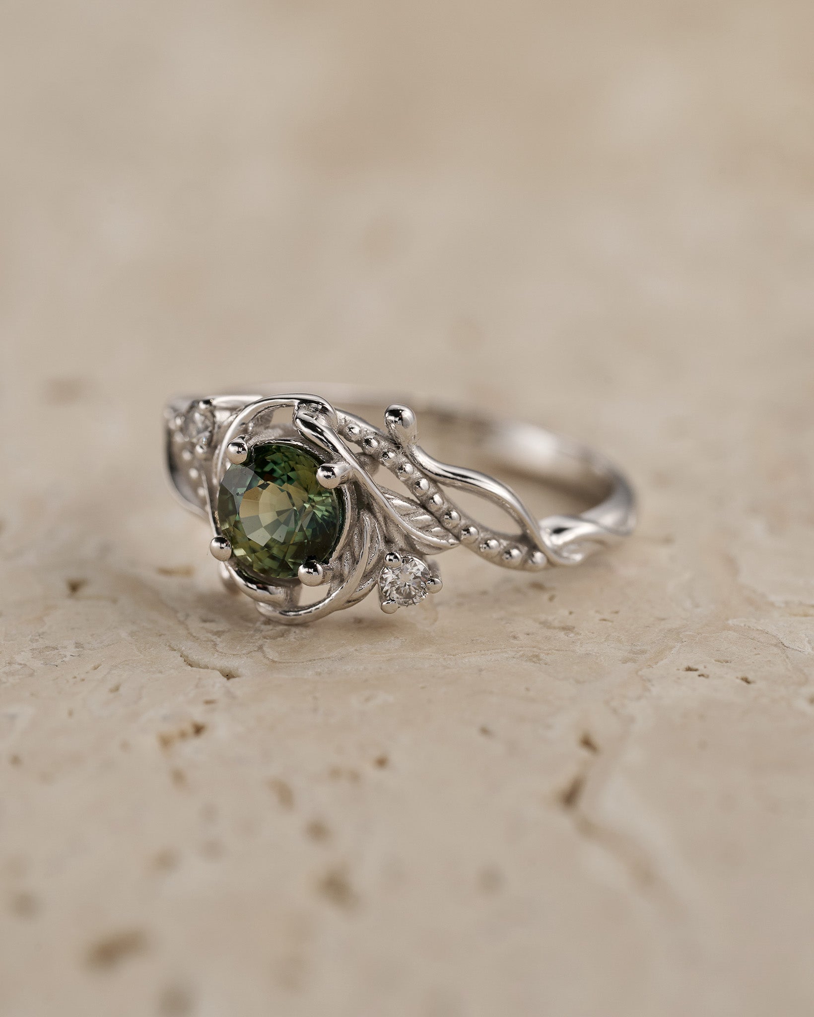 READY TO SHIP: Undina engagement ring with natural teal sapphire, 6mm, accent diamonds, 14k white gold, RING SIZE: 5.5 - 8.5 US - Eden Garden Jewelry™