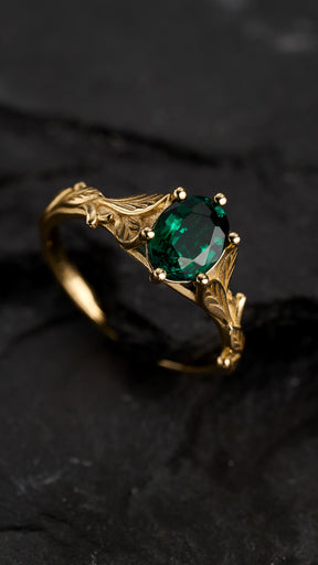Deep green emerald engagement ring, gold leaf ring with lab emerald / Freesia - Eden Garden Jewelry™