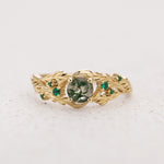 READY TO SHIP: Japanese Maple engagement ring with moss agate and emeralds, 14K yellow gold, AVAILABLE RING SIZES: 5.5 - 8.5 US - Eden Garden Jewelry™