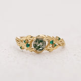 READY TO SHIP: Japanese Maple engagement ring with moss agate and emeralds, 14K yellow gold, AVAILABLE RING SIZES: 5.5 - 8.5 US - Eden Garden Jewelry™