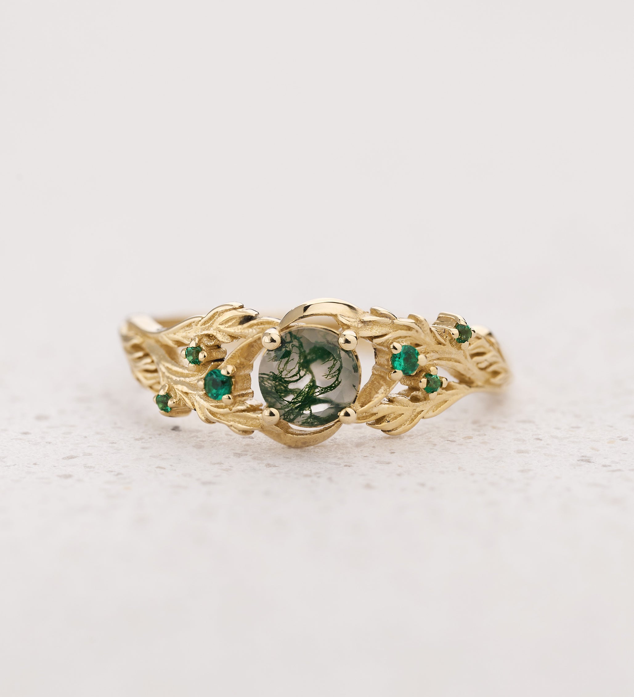 READY TO SHIP: Japanese Maple engagement ring with moss agate and emeralds, 14K yellow gold, AVAILABLE RING SIZES: 5.5 - 8.5 US - Eden Garden Jewelry™