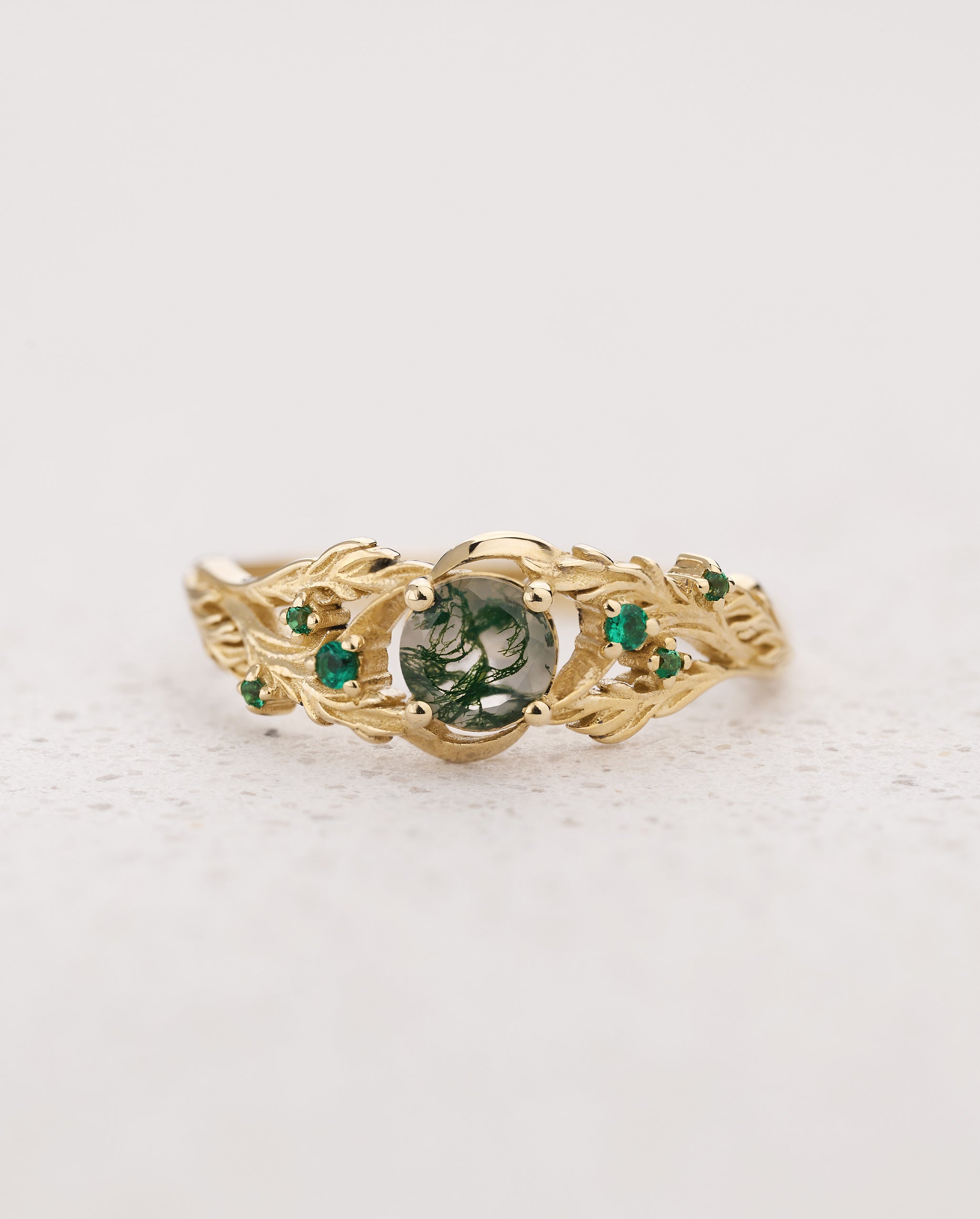 READY TO SHIP: Japanese Maple engagement ring with moss agate and emeralds, 14K yellow gold, AVAILABLE RING SIZES: 5.5 - 8.5 US - Eden Garden Jewelry™