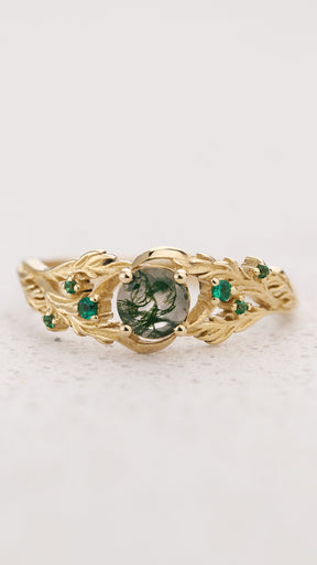 READY TO SHIP: Japanese Maple engagement ring with moss agate and emeralds, 14K yellow gold, AVAILABLE RING SIZES: 5.5 - 8.5 US - Eden Garden Jewelry™