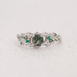 READY TO SHIP: Japanese Maple engagement ring with moss agate and emeralds, 14K white gold, AVAILABLE RING SIZES: 5.5 - 8.5 US - Eden Garden Jewelry™