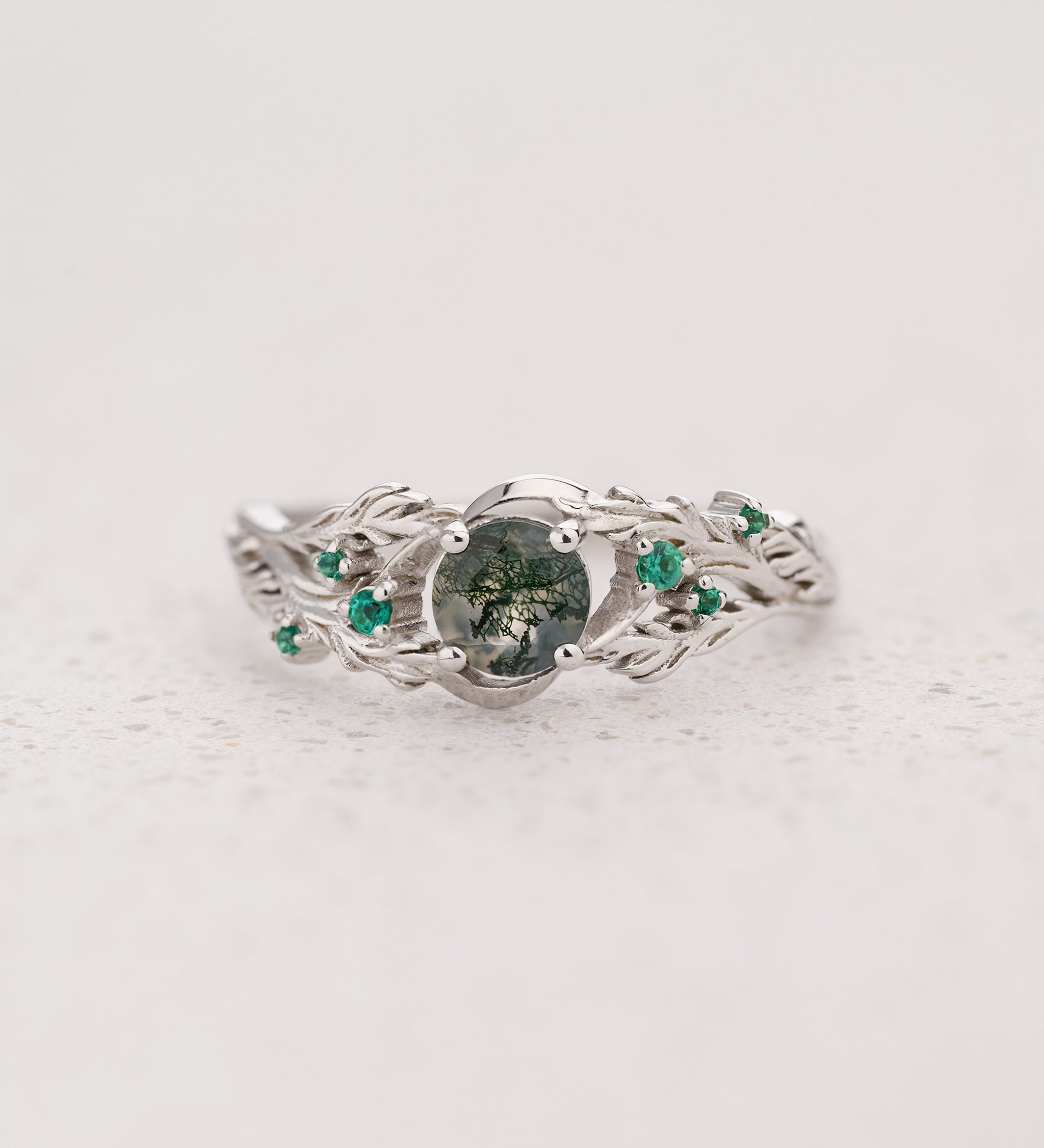 READY TO SHIP: Japanese Maple engagement ring with moss agate and emeralds, 14K white gold, AVAILABLE RING SIZES: 5.5 - 8.5 US - Eden Garden Jewelry™