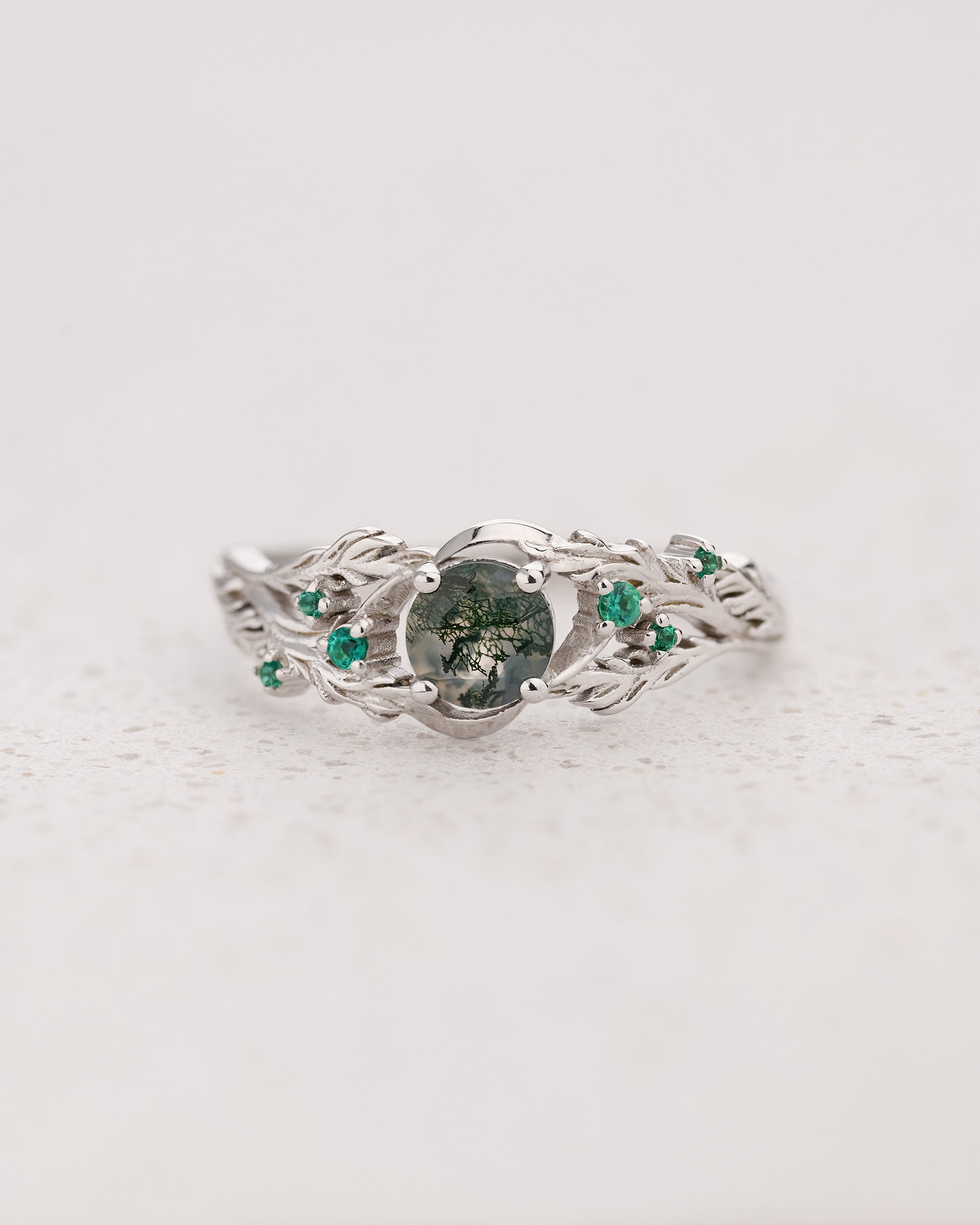 READY TO SHIP: Japanese Maple engagement ring with moss agate and emeralds, 14K white gold, AVAILABLE RING SIZES: 5.5 - 8.5 US - Eden Garden Jewelry™