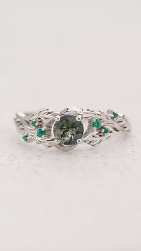 READY TO SHIP: Japanese Maple engagement ring with moss agate and emeralds, 14K white gold, AVAILABLE RING SIZES: 5.5 - 8.5 US - Eden Garden Jewelry™