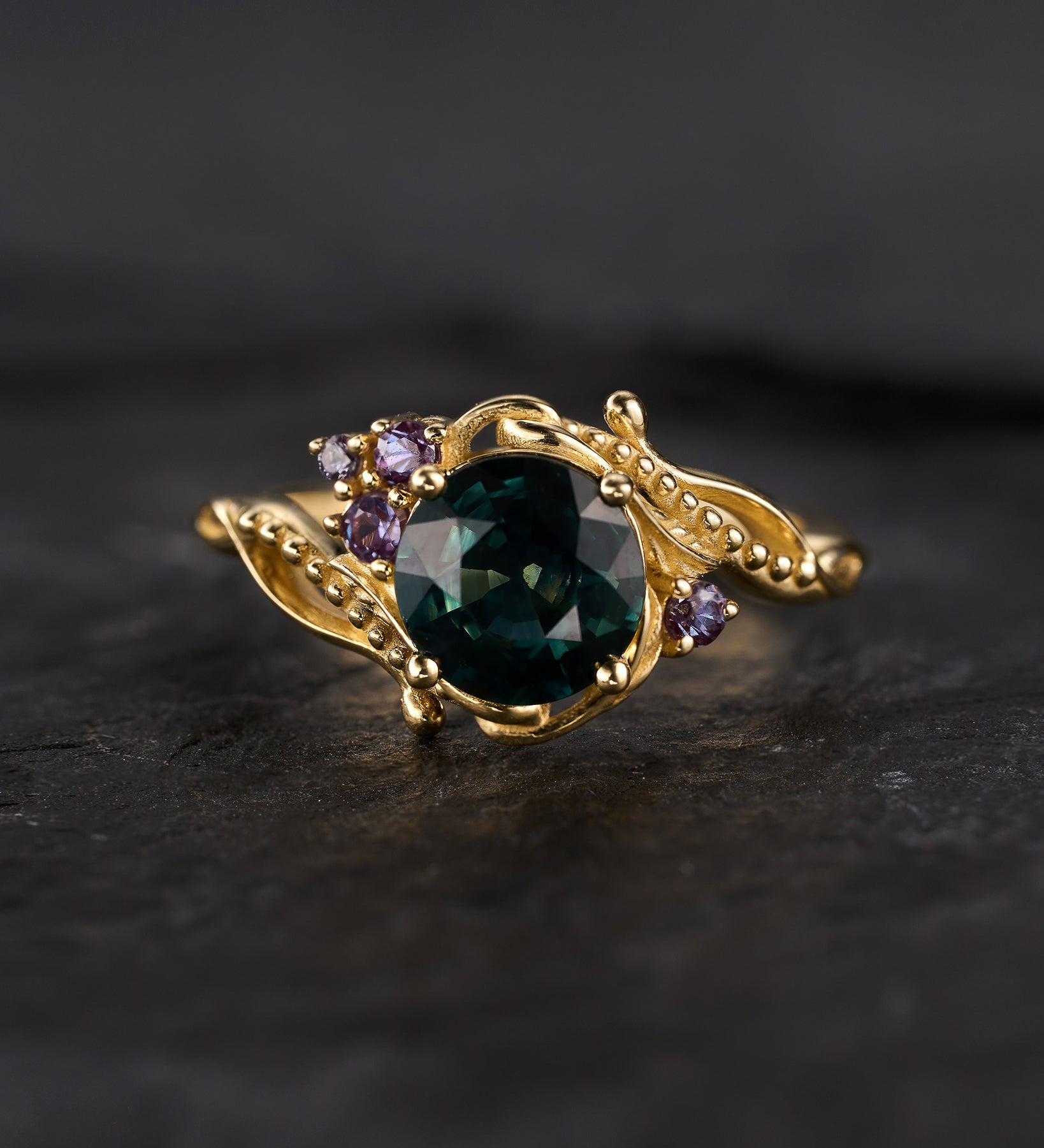 READY TO SHIP: Undina asymmetric engagement ring with natural teal sapphire and alexandrites, 14K yellow gold, RING SIZES: 5.5 - 8.5 US - Eden Garden Jewelry™