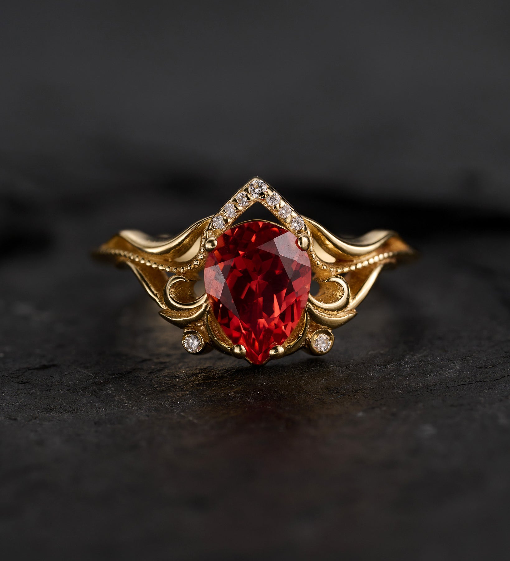 READY TO SHIP: Lida engagement ring with pear cut lab sapphire & lab diamonds, 14K yellow gold, AVAILABLE RING SIZES: 4.5 - 7.5 US - Eden Garden Jewelry™