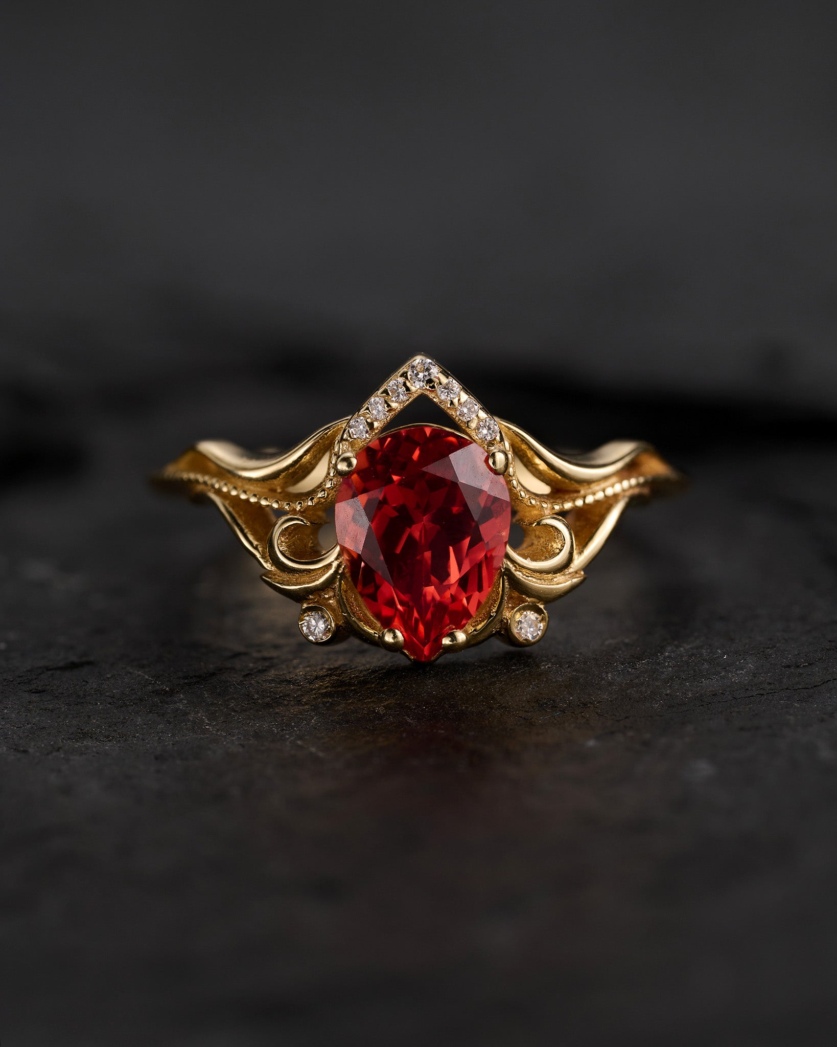 READY TO SHIP: Lida engagement ring with pear cut lab sapphire & lab diamonds, 14K yellow gold, AVAILABLE RING SIZES: 4.5 - 7.5 US - Eden Garden Jewelry™