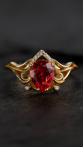 READY TO SHIP: Lida engagement ring with pear cut lab sapphire & lab diamonds, 14K yellow gold, AVAILABLE RING SIZES: 4.5 - 7.5 US - Eden Garden Jewelry™
