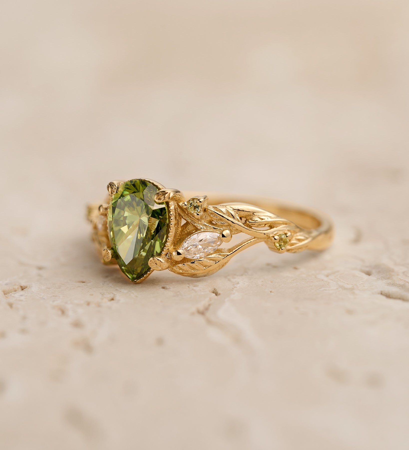 READY TO SHIP: Patricia ring in 14K yellow gold, green lab-grown diamond, pear cut 8x6 mm, accent lab diamonds & peridots, AVAILABLE RING SIZES: 5.5 - 8.5 US - Eden Garden Jewelry™