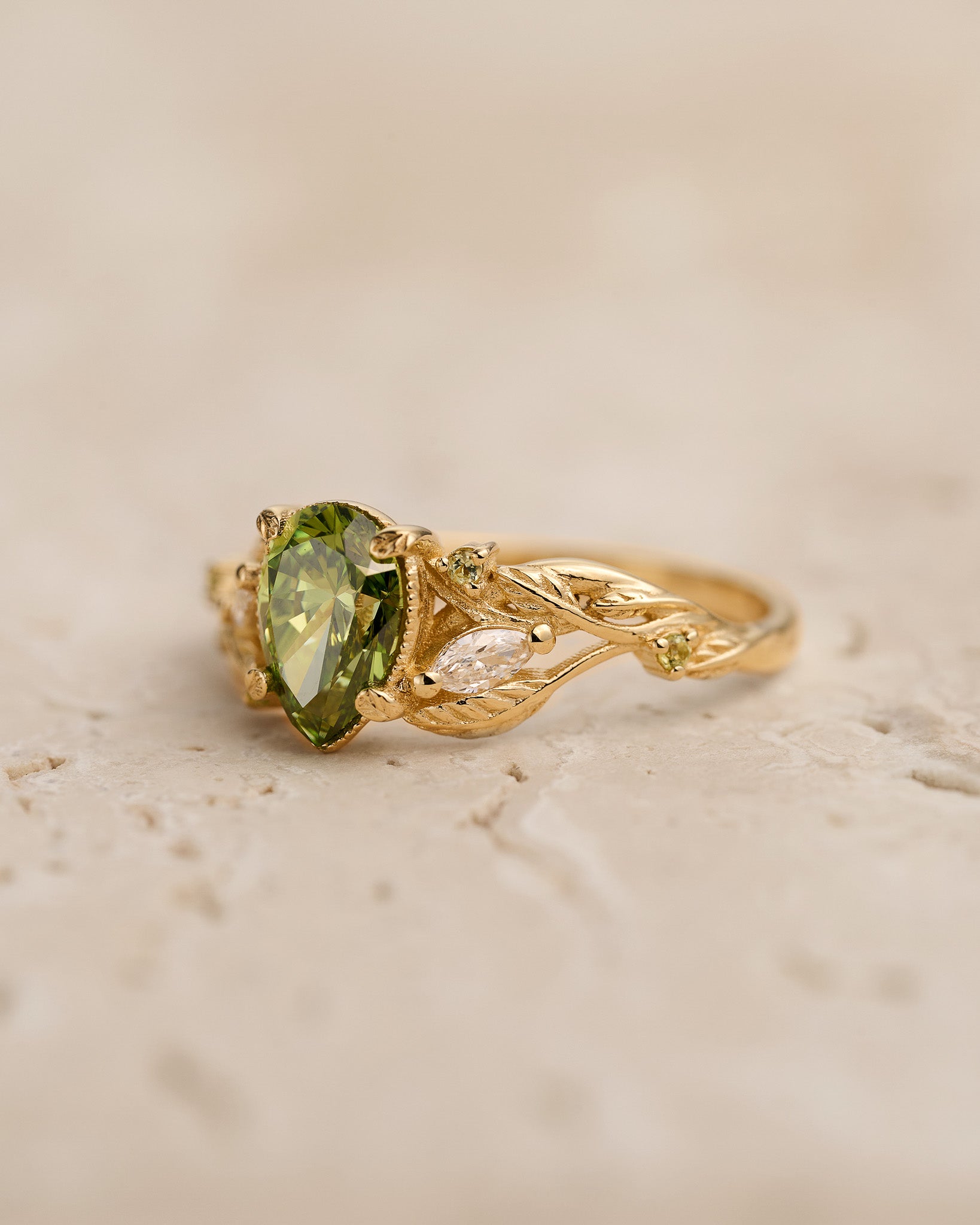 Green lab grown diamond engagement ring, nature inspired ring with leaves and diamonds / Patricia - Eden Garden Jewelry™