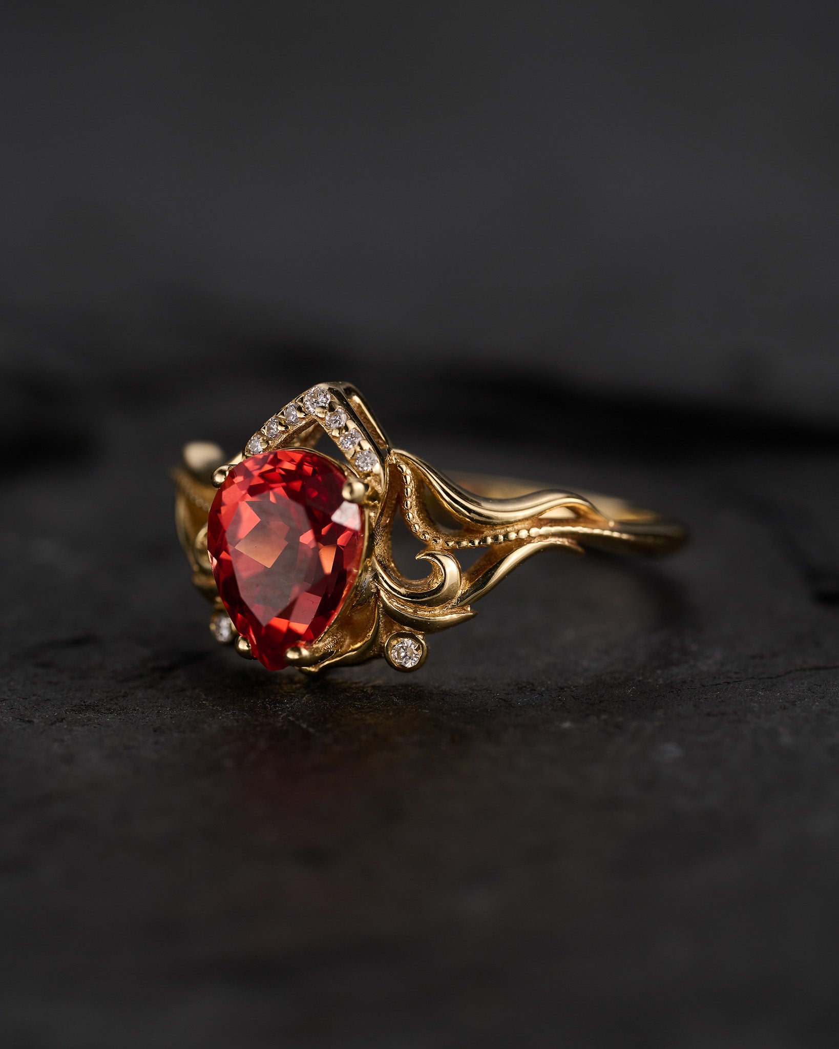 READY TO SHIP: Lida engagement ring with pear cut lab sapphire & lab diamonds, 14K yellow gold, AVAILABLE RING SIZES: 4.5 - 7.5 US - Eden Garden Jewelry™