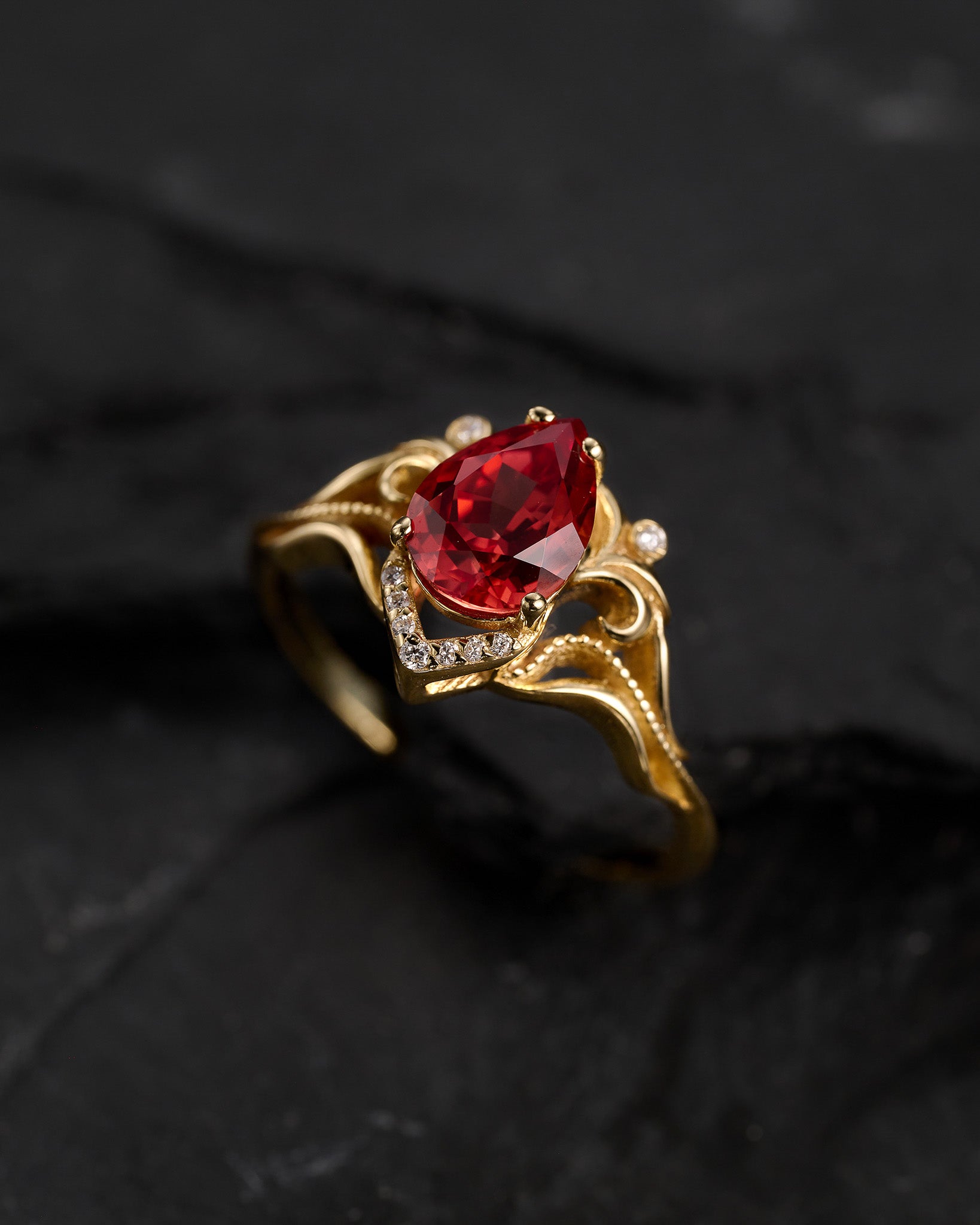 READY TO SHIP: Lida engagement ring with pear cut lab sapphire & lab diamonds, 14K yellow gold, AVAILABLE RING SIZES: 4.5 - 7.5 US - Eden Garden Jewelry™