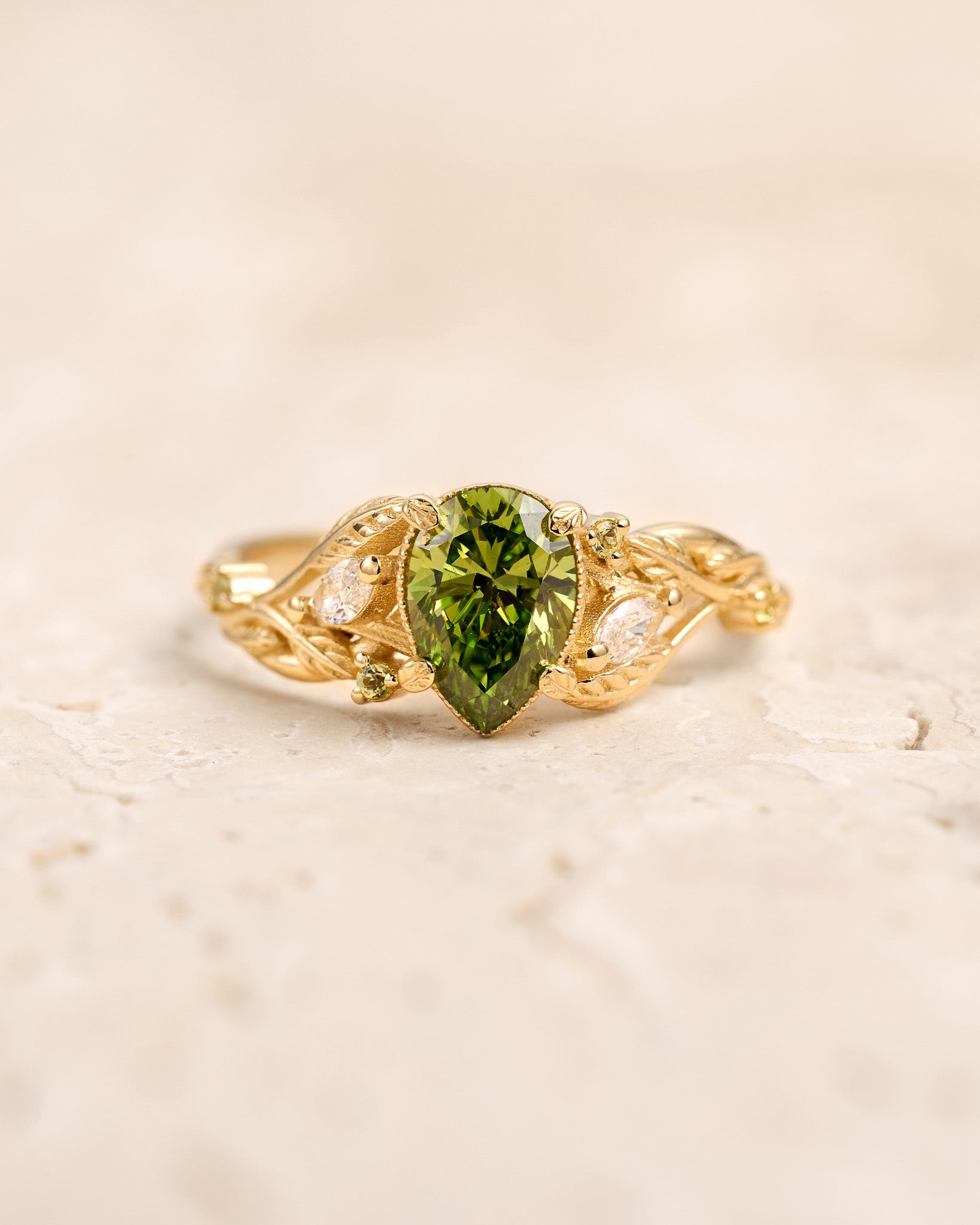 Green lab grown diamond engagement ring, nature inspired ring with leaves and diamonds / Patricia - Eden Garden Jewelry™