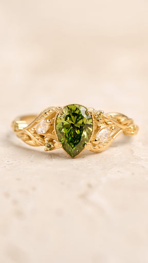 Green lab grown diamond engagement ring, nature inspired ring with leaves and diamonds / Patricia - Eden Garden Jewelry™
