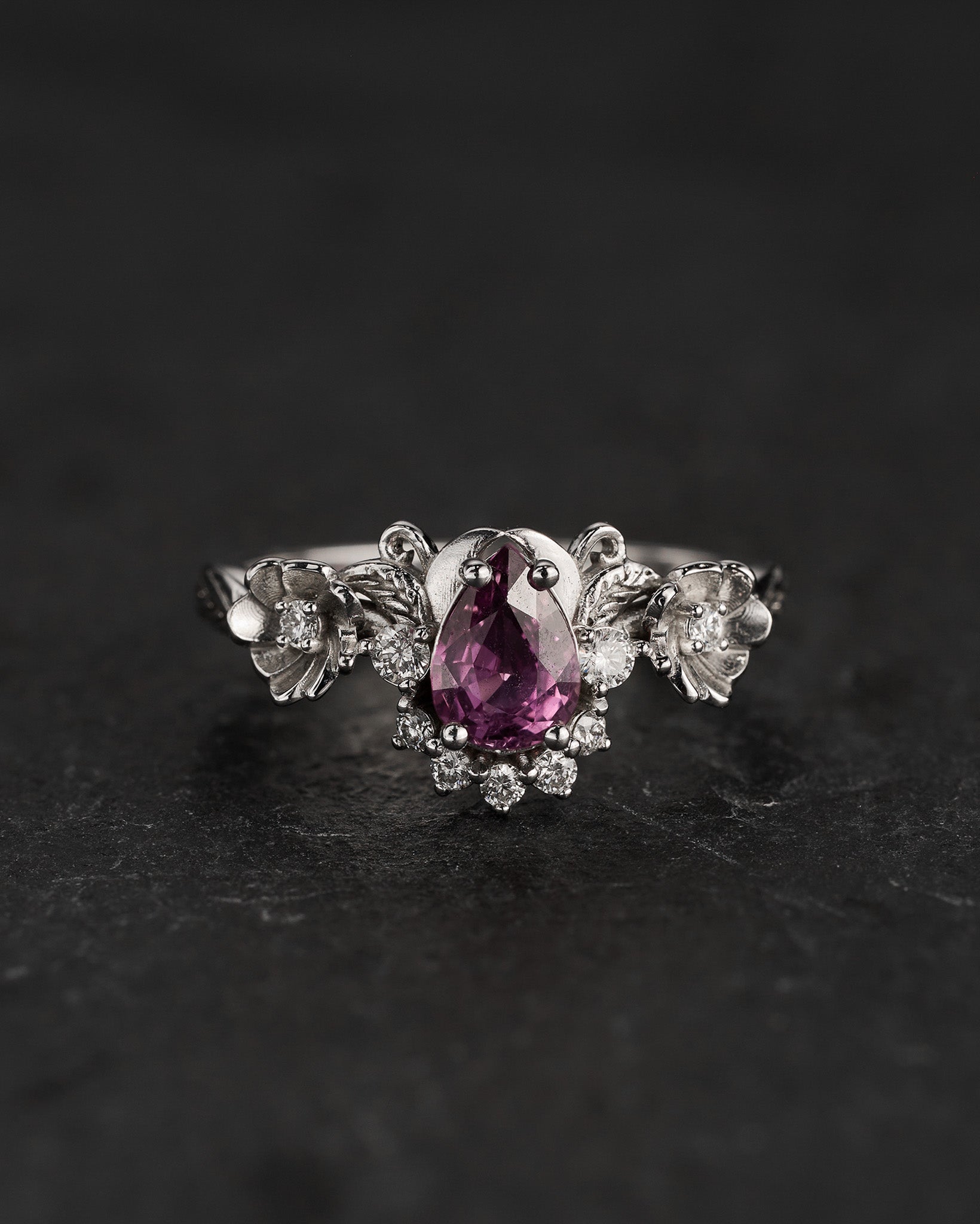READY TO SHIP: Adelina ring in 14K white gold, natural purple sapphire pear 7x5 mm, accent natural diamonds, AVAILABLE RING SIZES: 5.5-7.5US - Eden Garden Jewelry™