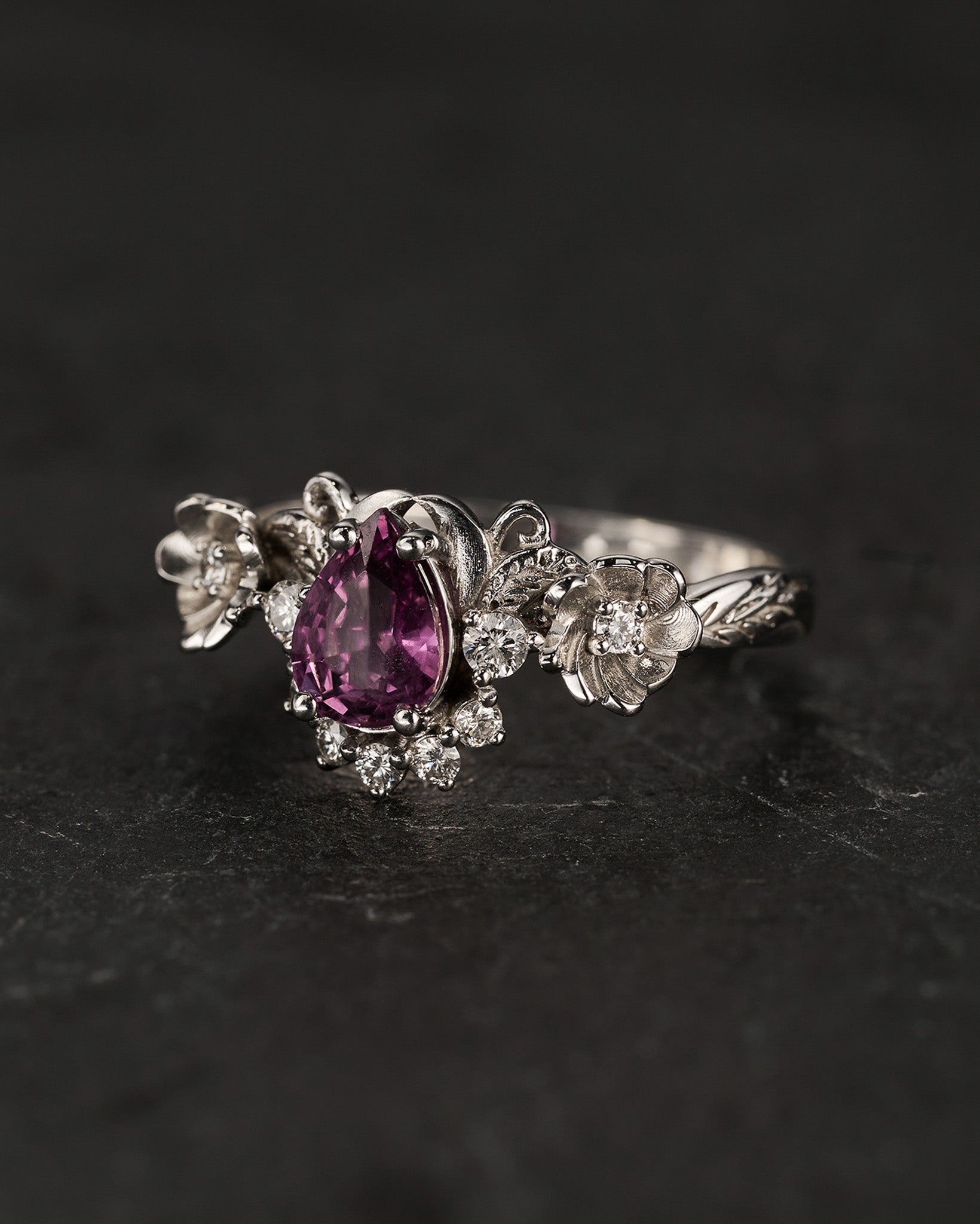 READY TO SHIP: Adelina ring in 14K white gold, natural purple sapphire pear 7x5 mm, accent natural diamonds, AVAILABLE RING SIZES: 5.5-7.5US - Eden Garden Jewelry™