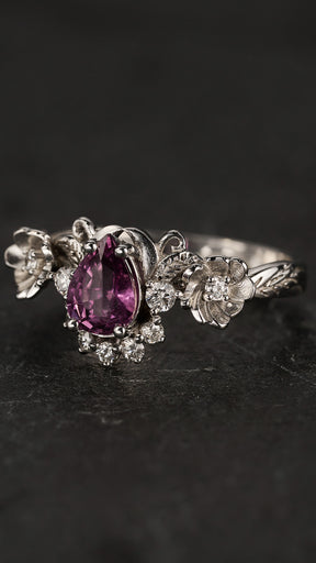 READY TO SHIP: Adelina ring in 14K white gold, natural purple sapphire pear 7x5 mm, accent natural diamonds, AVAILABLE RING SIZES: 5.5-7.5US - Eden Garden Jewelry™