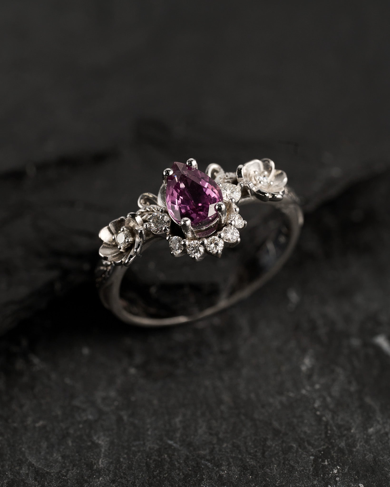 READY TO SHIP: Adelina ring in 14K white gold, natural purple sapphire pear 7x5 mm, accent natural diamonds, AVAILABLE RING SIZES: 5.5-7.5US - Eden Garden Jewelry™