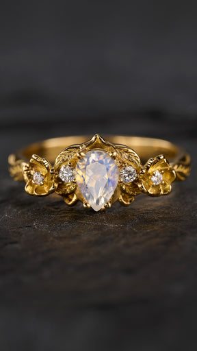 READY TO SHIP: Adelina in 18K yellow gold, natural pear cut moonstone 7x5 mm, moissanites, RING SIZE 6.5 - 9.5 US - Eden Garden Jewelry™