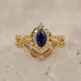 Marquise cut sapphire engagement ring set, nature inspired bridal ring set with diamond halo / Florentina - Eden Garden Jewelry™