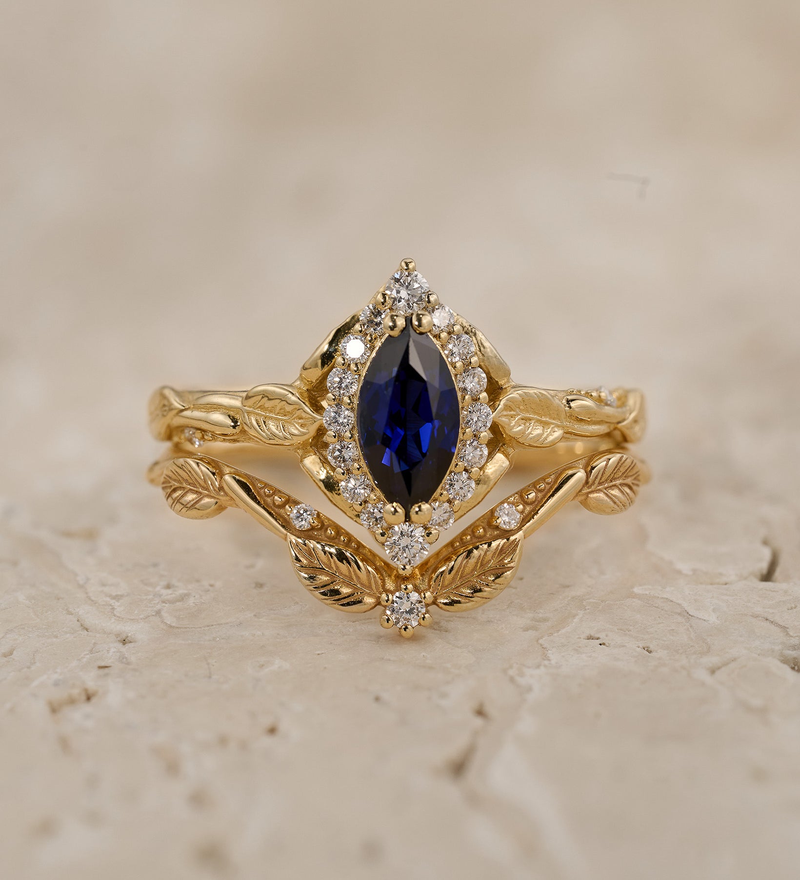 Marquise cut sapphire engagement ring set, nature inspired bridal ring set with diamond halo / Florentina - Eden Garden Jewelry™