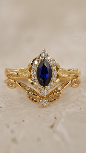 Marquise cut sapphire engagement ring set, nature inspired bridal ring set with diamond halo / Florentina - Eden Garden Jewelry™