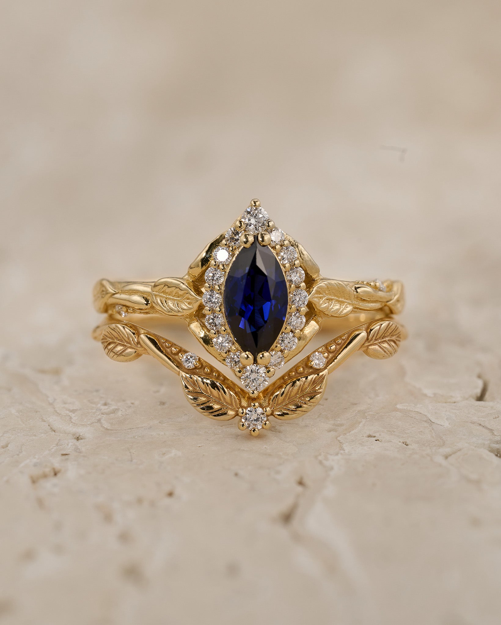 READY TO SHIP: Florentina bridal set with blue sapphire and diamond halo, 14K yellow gold, RING SIZES: 5.5 - 8.5 US - Eden Garden Jewelry™
