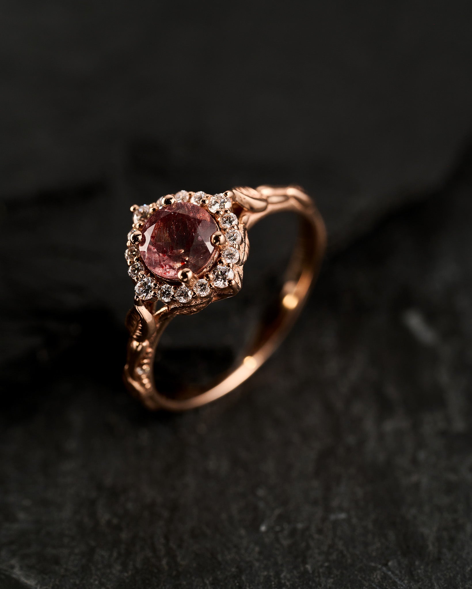 тест READY TO SHIP: Florentina ring with melody quartz and diamond halo, 14K rose gold, AVAILABLE RING SIZES: 5.5 - 8.5 US - Eden Garden Jewelry™
