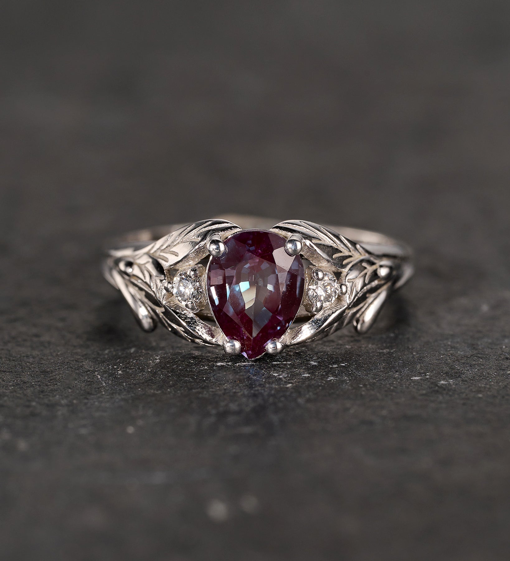 READY TO SHIP: Wisteria ring with pear cut 8x6 mm alexandrite and lab grown diamonds, 14K white gold, RING SIZE 4.5 - 9.5 US - Eden Garden Jewelry™