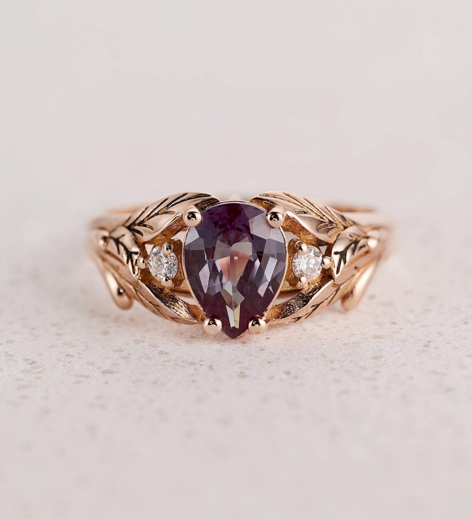READY TO SHIP: Wisteria ring with pear cut 8x6 mm alexandrite and lab grown diamonds, 14K rose gold, RING SIZE 4.5 - 9.5 US - Eden Garden Jewelry™