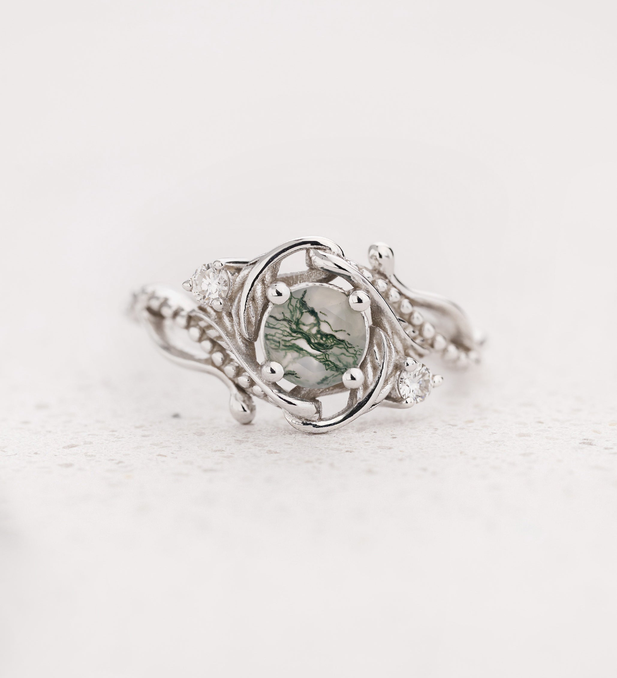 READY TO SHIP: Undina engagement ring with moss agate and diamonds, 18K white gold, AVAILABLE RING SIZES: 3 - 6 US - Eden Garden Jewelry™