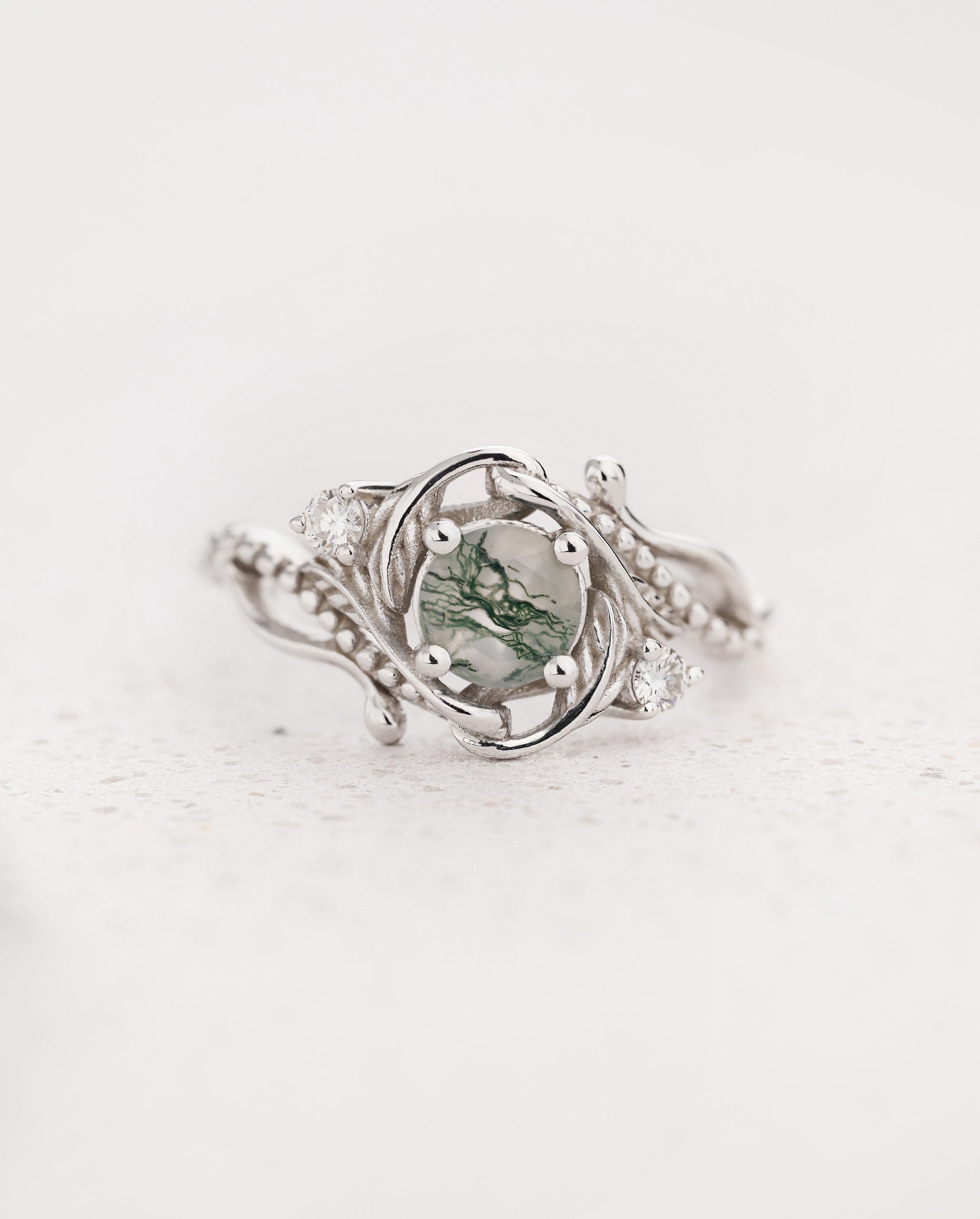 READY TO SHIP: Undina engagement ring with moss agate and diamonds, 18K white gold, AVAILABLE RING SIZES: 3 - 6 US - Eden Garden Jewelry™